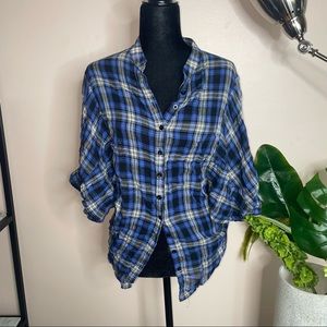 Forever 21 Plaid Striped Buttondown Quarter Sleeve Collared Gathered Blouse